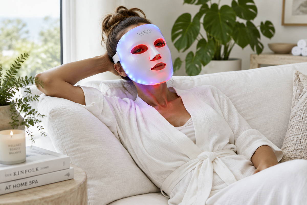 Woman relaxing at home wearing LED light therapy face mask glowing with colorful light